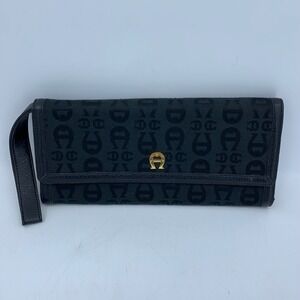 Eitenne Aigner Black Convertible Cloth Waller Wristlet Purse Logo Canvas Fabric